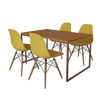 Mesa Industrial Base Ferro Cobre Tampo 137X90 Canela 4 Cadeiras Madeira Assento Amarelo Marrom