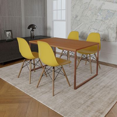 Mesa Industrial Base Ferro Cobre Tampo 137X90 Canela 4 Cadeiras Madeira Assento Amarelo Marrom