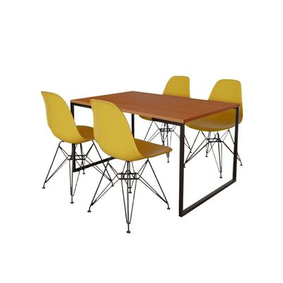 Mesa Industrial Base Ferro Preto Tampo 137X90 Canela 4 Cadeiras Ferro Preto Assento Amarelo Marrom