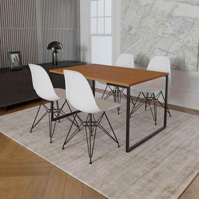 Mesa Industrial Base Ferro Preto Tampo 137X90 Canela 4 Cadeiras Ferro Preto Assento Branco Marrom