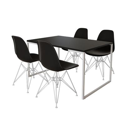 Mesa Industrial Base Ferro Branco Tampo 137X90 Preto 4 Cadeiras Ferro Branco Assento Preto Preto