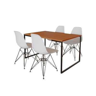 Mesa Industrial Base Ferro Preto Tampo 137X90 Canela 4 Cadeiras Ferro Preto Assento Branco Marrom