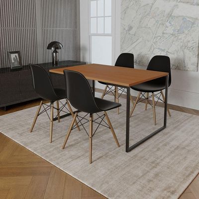 Mesa Industrial Base De Ferro Preto Tampo 137X90 Canela 4 Cadeiras Madeira Assento Preto Preto