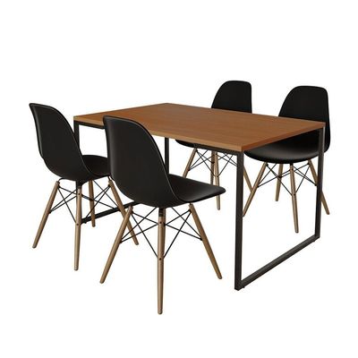 Mesa Industrial Base De Ferro Preto Tampo 137X90 Canela 4 Cadeiras Madeira Assento Preto Preto
