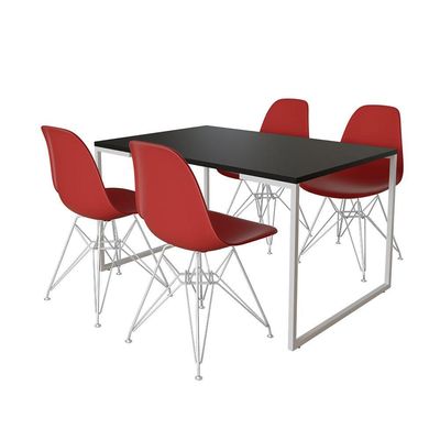 Mesa Industrial Base Ferro Branco Tampo 137X90 Preto 4 Cadeiras Ferro Branco Assento Vermelho Preto