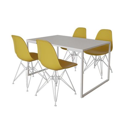 Mesa Industrial Base Ferro Branco Tampo 137X90 Branco 4 Cadeiras Ferro Branco Assento Amarelo Branco