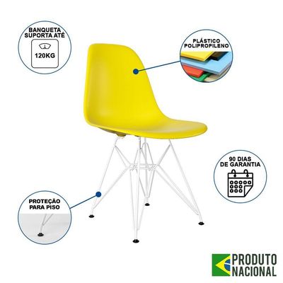 Mesa Industrial Base Ferro Branco Tampo 137X90 Branco 4 Cadeiras Ferro Branco Assento Amarelo Branco