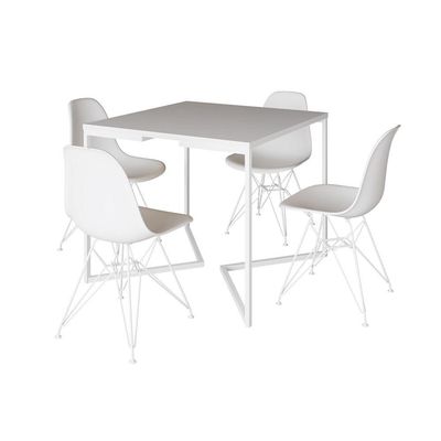 Mesa Industrial Quadrada Jantar Branca 90Cm Base V Com 4 Cadeiras Brancas Ferro Branco Cor: Branco