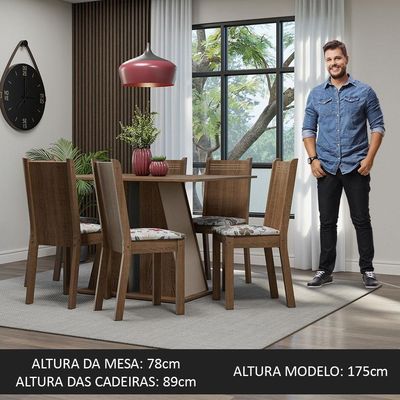 Conjunto Sala De Jantar Mesa Tampo De Madeira 6 Cadeiras Rustic/crema/hibiscos