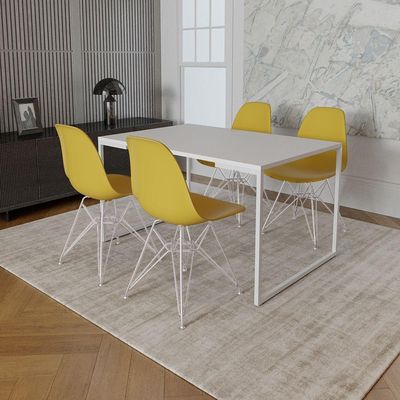 Mesa Industrial Base Ferro Branco Tampo 137X90 Branco 4 Cadeiras Ferro Branco Assento Amarelo Branco