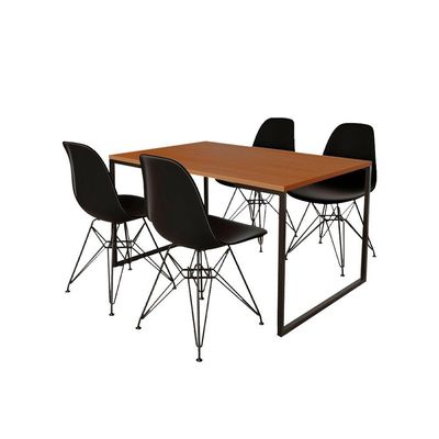 Mesa Industrial Base Ferro Preto Tampo 137X90 Canela 4 Cadeiras Ferro Preto Assento Preto Marrom