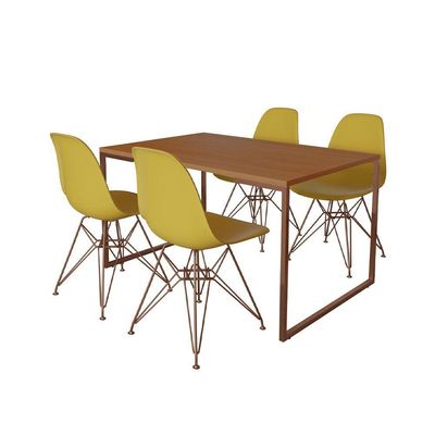 Mesa Industrial Base Ferro Cobre Tampo 137X90 Canela 4 Cadeiras Ferro Cobre Assento Amarelo Marrom