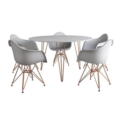 Mesa Jantar Redonda 110Cm Branca Clips 3 Pés Com 5 Poltronas Brancas Base Cobre - Cor: Branco