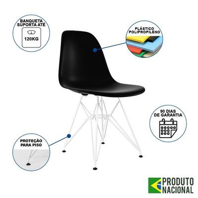 Mesa Industrial Base Ferro Branco Tampo 137X90 Canela 4 Cadeiras Ferro Branco Assento Preto Marrom
