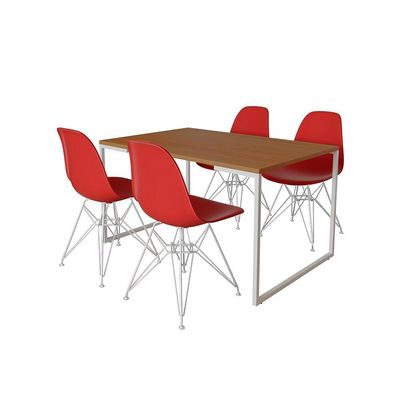 Mesa Industrial Base Ferro Branco Tampo 137X90 4 Cadeiras Ferro Branco Assento Vermelho Marrom