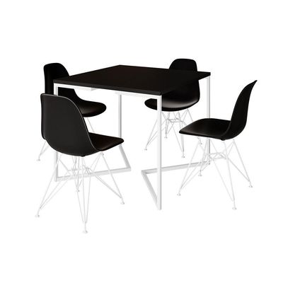 Mesa Industrial Quadrada Jantar Preta 90Cm Base V Com 4 Cadeiras Pretas Ferro Branco Cor: Preto