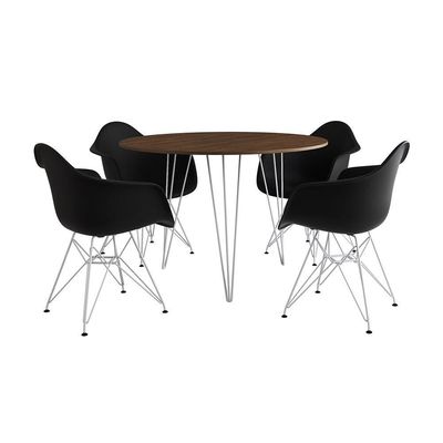 Mesa Jantar Redonda 90Cm Amêndoa Clips 3 Pés Com 4 Poltronas Pretas Ferro Branco - Cor: Amendoa