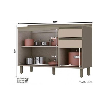 Gabinete de Cozinha Modulado Balcão Connect 3 Portas e 2 Gavetas c/ Tampo Duna/Cristal - Henn