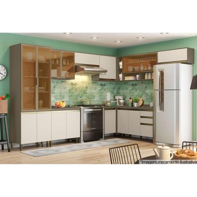 Gabinete de Cozinha Modulado Balcão Connect 3 Portas e 2 Gavetas c/Tampo Duna/Cristal - Henn