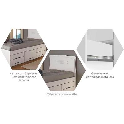 Cama Solteiro Júlia 5 Gavetas Multifuncional  Branco - Conquista