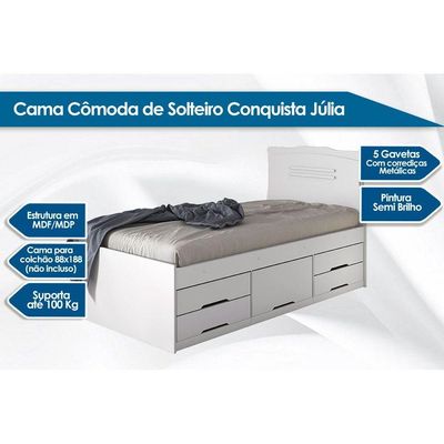 Cama Solteiro Júlia 5 Gavetas Multifuncional  Branco - Conquista