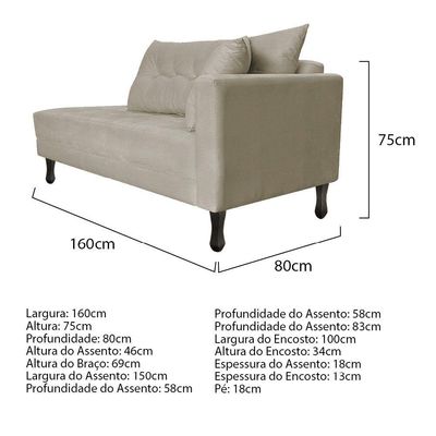 Kit Diva Recamier Azura 160Cm Lado Esquerdo E 02 Poltronas Classic Linho - Doce Sonho Móveis Bege