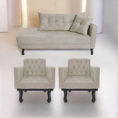 Kit Diva Recamier Azura 160Cm Lado Esquerdo E 02 Poltronas Classic Linho - Doce Sonho Móveis Bege