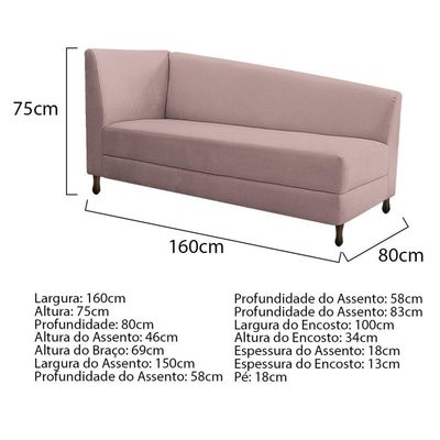 Kit Diva Recamier Heitor 160Cm Lado Direito E 02 Poltronas Luiza Linho - Doce Sonho Móveis Rosê