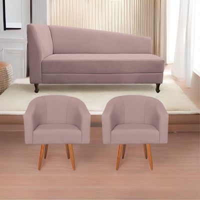 Kit Diva Recamier Heitor 160Cm Lado Direito E 02 Poltronas Luiza Linho - Doce Sonho Móveis Rosê