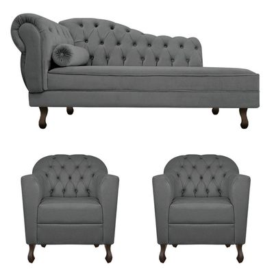 Kit Diva Recamier Diana 160Cm Lado Direito E 02 Poltronas Julia Corano - Doce Sonho Móveis Cinza