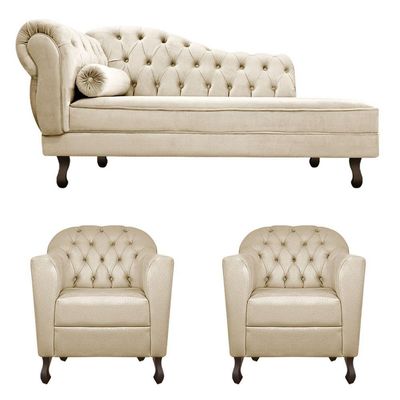 Kit Diva Recamier Diana 160Cm Lado Direito E 02 Poltronas Julia Corano - Doce Sonho Móveis Bege