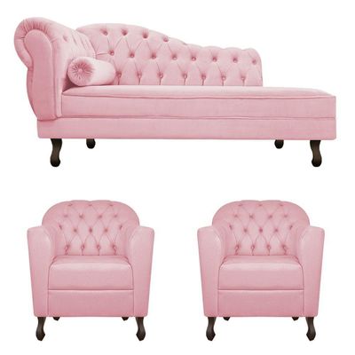 Kit Diva Recamier Diana 160Cm Lado Direito E 02 Poltronas Julia Suede - Doce Sonho Móveis Rosa Bebê