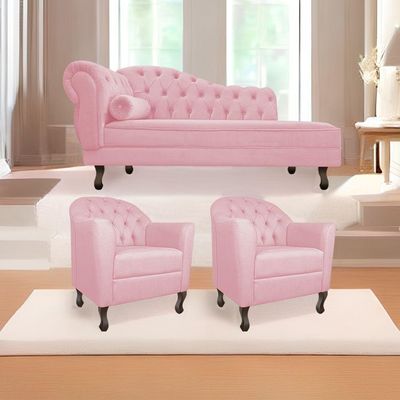 Kit Diva Recamier Diana 160Cm Lado Direito E 02 Poltronas Julia Suede - Doce Sonho Móveis Rosa Bebê