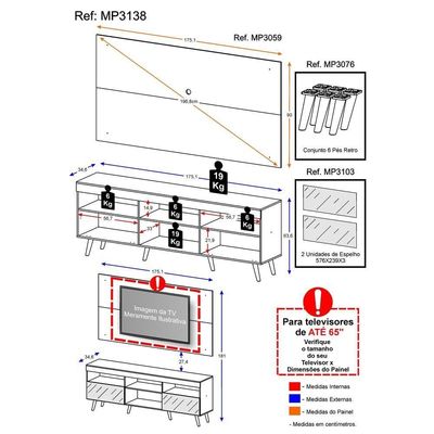 Rack com Painel TV até 65" Espelho e Pés Retrô Multimóveis