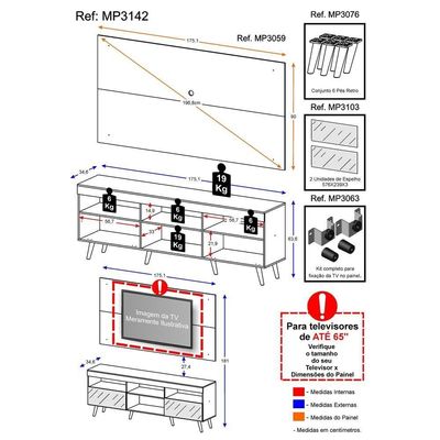 Rack com Painel TV até 65" Espelho e Pés Retrô Multimóveis