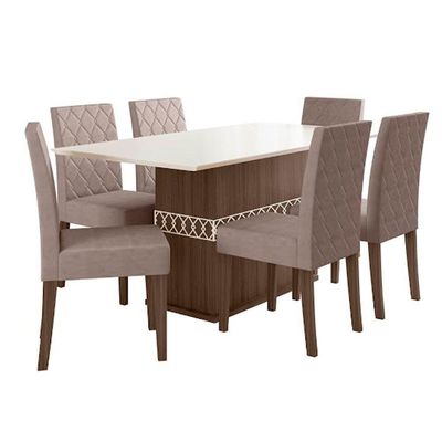 Conjunto Sala De Jantar Mesa Agata 6 Cadeiras Jade Poliman Amêndoa Com Off White
