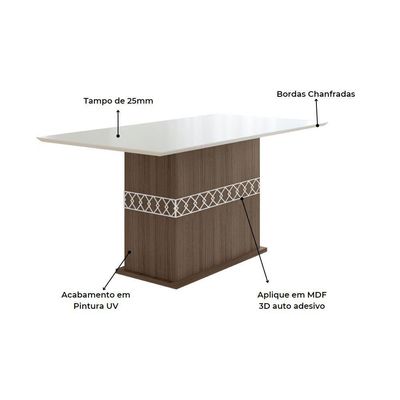 Conjunto Sala De Jantar Retangular Mesa Agata 160cm E 06 Cadeiras Josi Amêndoa Com Off White