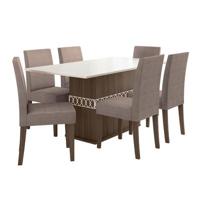 Conjunto Sala De Jantar Retangular Mesa Agata 160cm E 06 Cadeiras Josi Amêndoa Com Off White