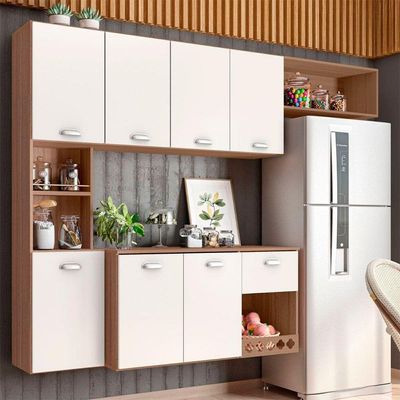 Cozinha Compacta Suspensa 7Portas Poliman Carvalho/Off White