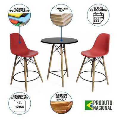 Mesa Bistrô Eames Eiffel Preta Com 2 Banquetas Vermelhas De Madeira - Cor: Preto