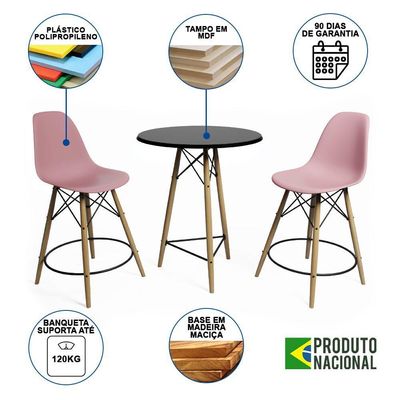 Mesa Bistrô Eames Eiffel Preta Com 2 Banquetas Rosas De Madeira - Cor: Preto