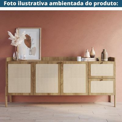 Balcão Buffet Oslo Artesano 183 Cm (Largura) Em Mdp Mel Palha Natural Três Portas Base Madeira