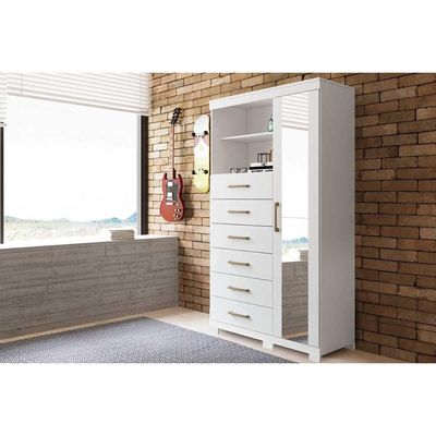 Cômoda de Quarto Marabá 1.6 c/ 1 Porta 2 Nichos e 6 Gavetas c/ Espelho e Pés Branco - Santos Andirá