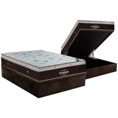 Cama Box Baú Casal: Colchão Molas Ortobom SuperPocket Sleep King + Base CRC Suede Brown(138x188)