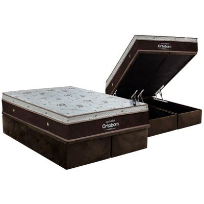 Cama Box Baú Queen: Colchão Molas Ortobom SuperPocket Sleep King + Base CRC Suede Brown(158x198)