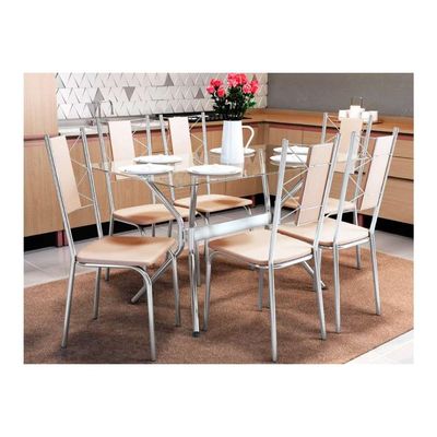 Conjunto: Mesa de Cozinha Loire c/ Tampo Vidro 150cm + 6 Cadeiras Lisboa Cromada/Nude - Kappesberg