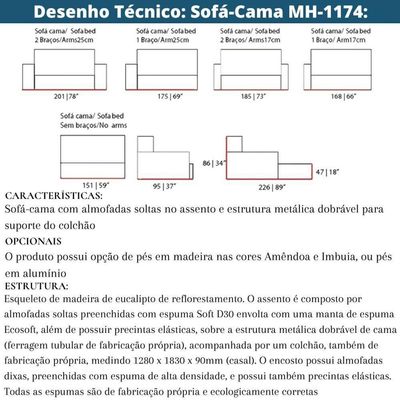 Sofá-Cama 3 Lugares Mh-1174 Herval 201 Cm Colchão Casal Linho Creme C1 Pé Madeira Amêndoa