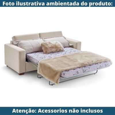 Sofá-Cama 3 Lugares Mh-1174 Herval 201 Cm Colchão Casal Linho Creme C1 Pé Madeira Amêndoa