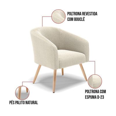 Kit 1 Sofá Namoradeira E 2 Poltronas Stella Bouclê Pés Palito Natural D'rossi Cor Bege