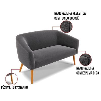 Kit 1 Sofá Namoradeira E 2 Poltronas Stella Bouclê Grafite Pés Palito Castanho D'rossi